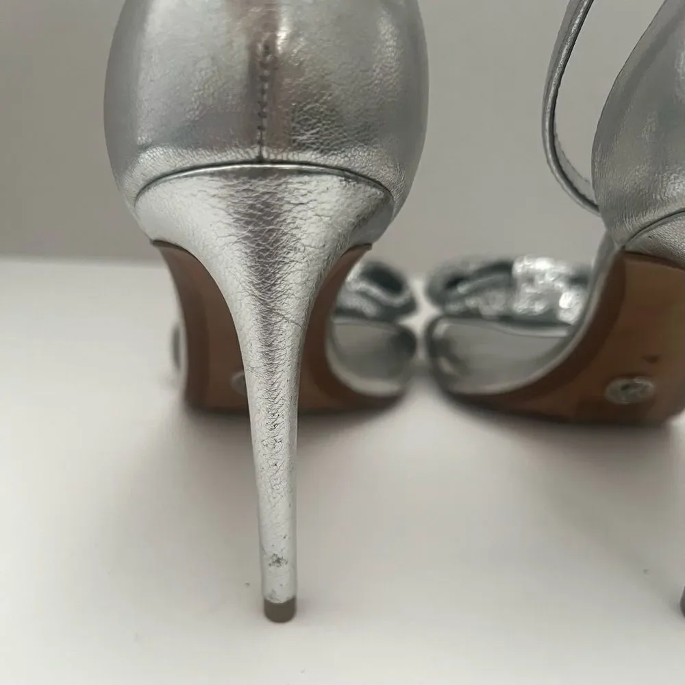 Michael Kors Paris Leather Stiletto‎ Heels Womens 7 Silver Metallic Bow Designer